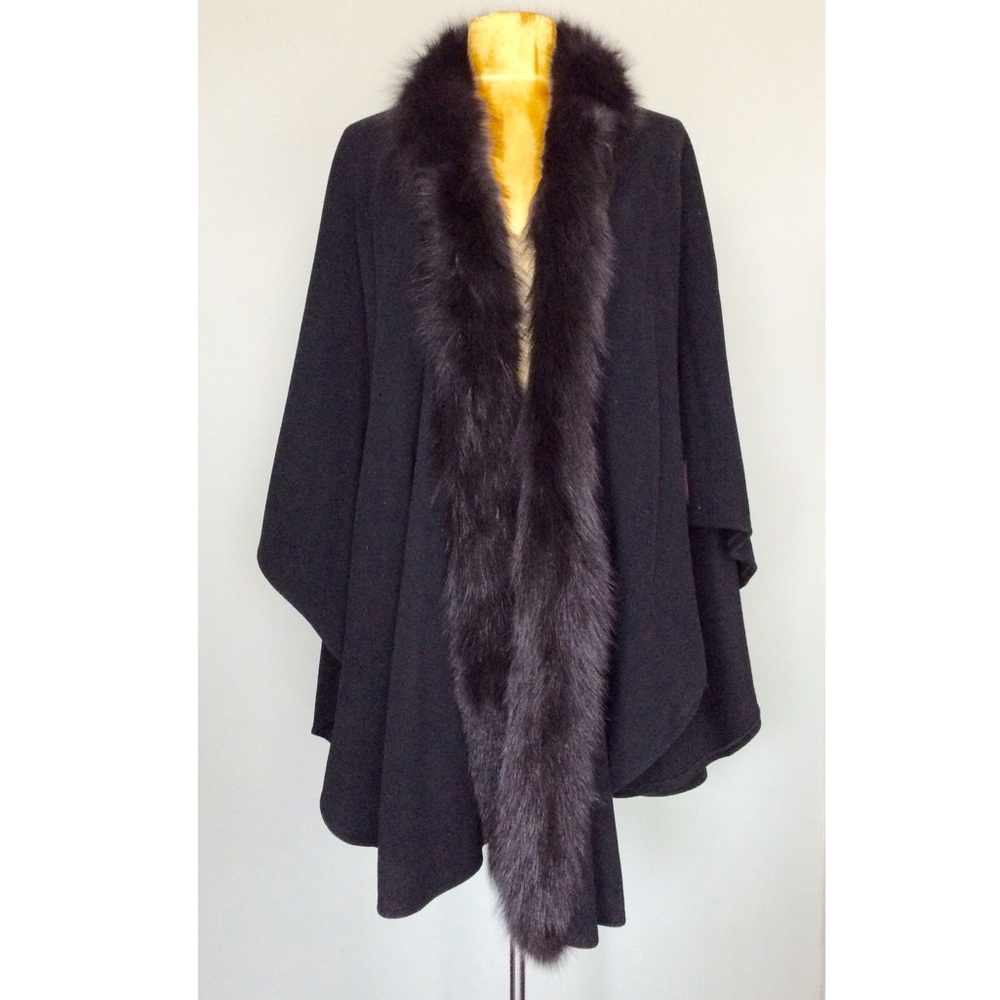 Marvin Richards Fox Fur Trimmed Shawl Cape Poncho